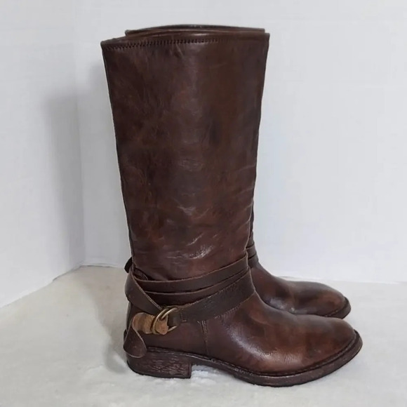None Shoes - Vintage Foundry Distressed Brown Leather Boots Wrap Around O‎ Ring Buckle Straps